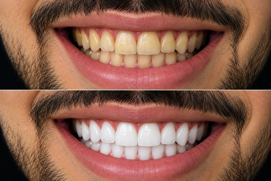 Illustration d'un sourire avant et après blanchiment